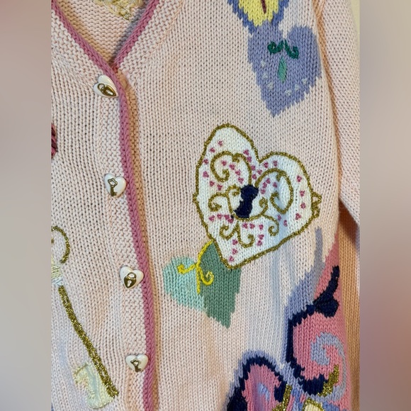 Storybook Knits Key To Love V Neck Cardigan Sweaters small Embroidered Pink - Picture 9 of 9